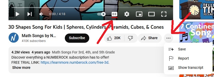 CC and transcript buttons on YouTube